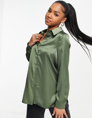Miss Selfridge satin shirt in khaki-Green