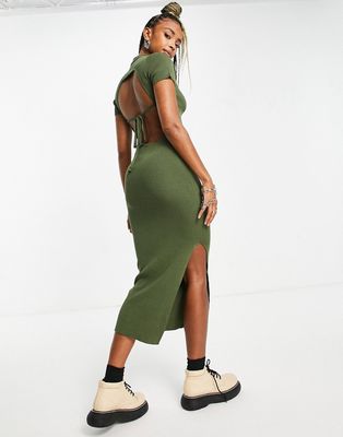 Emory Park 90's midi polo neck dress with cut out back in rib knit-Green