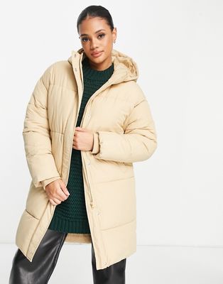 NA-KD padded long jacket with hood in beige-Neutral