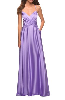 La Femme Sleeveless Satin Gown in Lavender