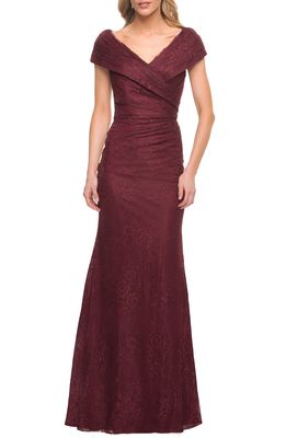 La Femme Portrait Neck Lace Gown in Burgundy