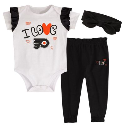 Outerstuff Girls Infant White/Black Philadelphia Flyers I Love Hockey Bodysuit Pants & Headband Set