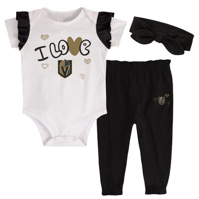 Outerstuff Girls Infant White/Black Vegas Golden Knights I Love Hockey Bodysuit Pants & Headband Set
