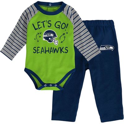 Outerstuff Infant Neon Green/College Navy Seattle Seahawks Touchdown Raglan Long Sleeve Bodysuit & Pants Set
