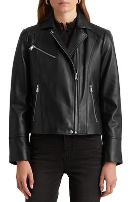 Lauren Ralph Lauren Lambskin Leather Moto Jacket in Black