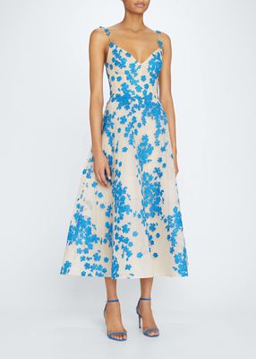 Floral-Embroidered Tulle Midi Dress