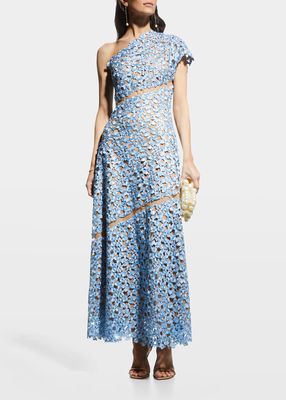 Diagonal Floral Embroidered One-Shoulder Maxi Dress