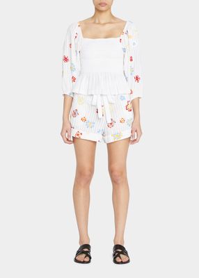 Flora Floral-Embroidered Drawstring Shorts