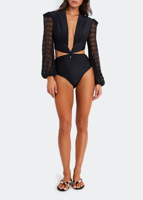 Plunge Netted-Sleeve One-Piece Swimsuit
