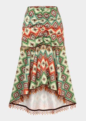 Soraya Geometric-Print Ruched Bead-Fringe Midi Skirt