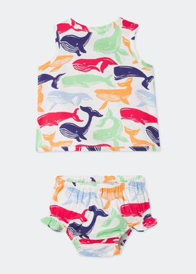 Girl's Poppy Dress & Bloomers Set - Whale Watch Print, Size 3M-3T