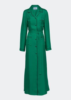 Belted Silk Shirtdress w/ Contrast Piping