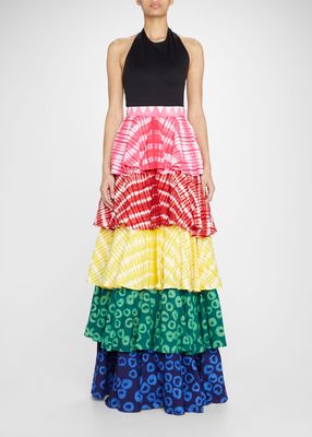 Multicolor Patchwork Tiered Ruffle Long Skirt