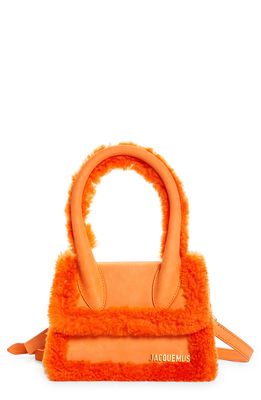 Jacquemus Le Chiquito Moyen Genuine Shearling Trim Suede Top Handle Bag in Orange Shearling