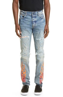 AMIRI Men's Bandana Flame Thrasher Ripped Skinny Jeans in Clay Indigo