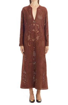 Valentino Peonies Blanket Long Sleeve Caftan Lace Dress in Chocolate C30