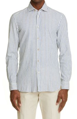 Boglioli Stripe Linen & Cotton Button-Up Shirt in 0150 - White/Light Blue