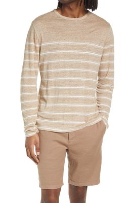Vince Stripe Crewneck Linen Sweater in Desert Sand/Optic White