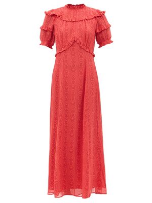 Cefinn - Violetta Ruffled Moiré-jacquard Georgette Dress - Womens - Red