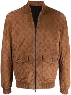 Giorgio Armani monogram-print leather bomber jacket - Brown