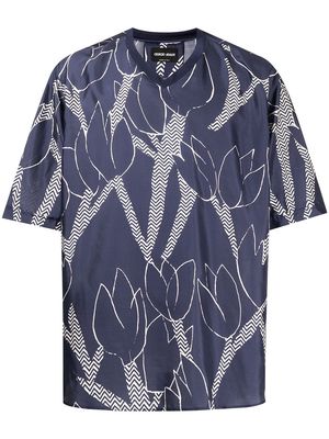 Giorgio Armani floral-print silk T-shirt - Blue
