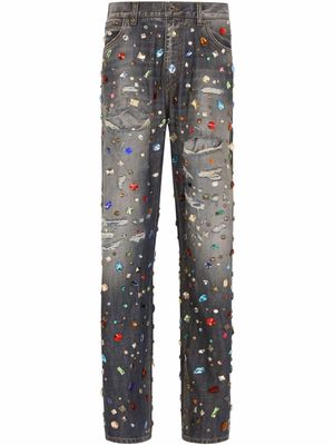 Dolce & Gabbana ripped crystal-embellished jeans - Blue