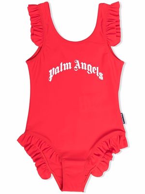 Palm Angels Kids logo-print ruffle-cuff swimsuit - Red