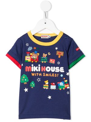 Miki House Animal Train-print appliqué T-shirt - Blue