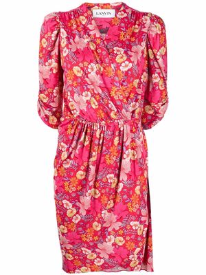 LANVIN floral-print puff-sleeve wrap dress - Red