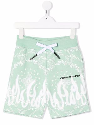 Vision Of Super Kids bandana-print flame track shorts - Green