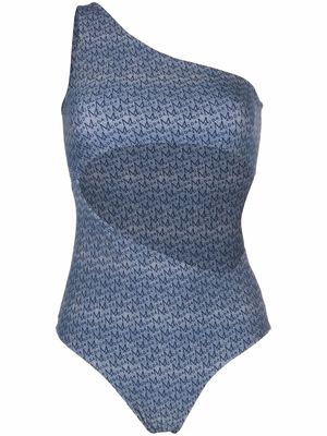 Magda Butrym monogram-print one-shoulder swimsuit - Blue