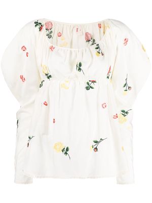 yuhan wang floral-embroidered puff-sleeves blouse - White
