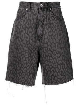 FIVE CM leopard-print frayed denim shorts - Black