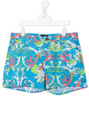 Versace Kids baroque-pattern print shorts - Blue