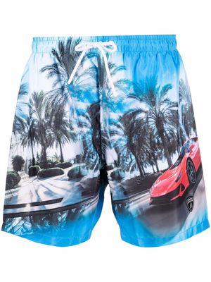 Automobili Lamborghini palm car-print swim shorts - Blue