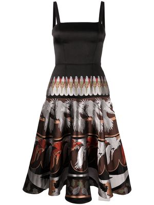 Fendi Pre-Owned bird-print flared midi dress - Black