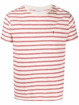 Saint Laurent striped embroidered-logo T-shirt - Neutrals