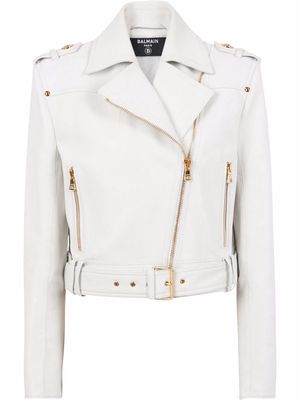 Balmain cropped leather biker jacket - White