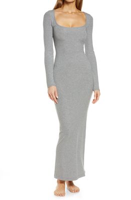 SKIMS Lounge Ribbed Long Sleeve Maxi Dress in Heather Grey