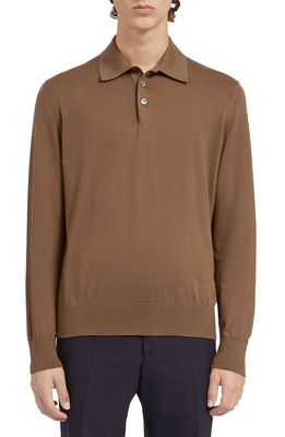 ZEGNA Long Sleeve Cotton & Cashmere Polo in Brown