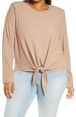 WAYF Ashland Shoulder Pad Tie Front Top in Taupe