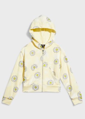 Girl's Allover Daisy-Print Hooded Jacket, Size 4-6