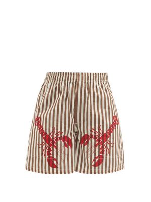 Bode - Lobster-print Striped Cotton Shorts - Womens - Brown Multi