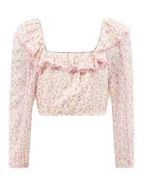 Loveshackfancy - Dorabella Floral-print Crinkled-cotton Crop Top - Womens - Pink Print