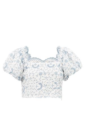 Loveshackfancy - Melina Broderie-anglaise Puff-sleeve Top - Womens - Blue White