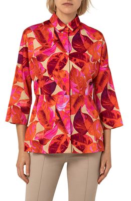 Akris punto Leaf Print Cotton Peplum Button-Up Shirt in Hot Pink-Multicolor