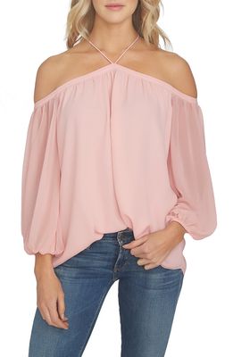 1.STATE Off the Shoulder Sheer Chiffon Blouse in Pink Taffeta