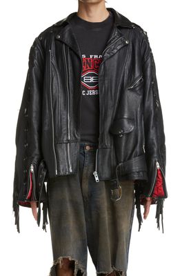 Balenciaga Fringe Detail Leather Biker Jacket in Black