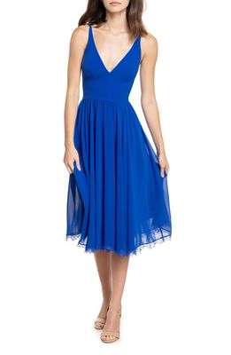 Dress the Population Alicia Mixed Media Midi Dress in Electric Blue
