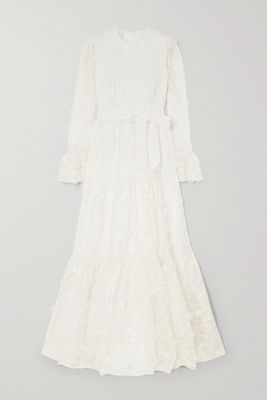 Erdem - Alvaro Belted Ruffled Tiered Embroidered Silk-organza And Grosgrain Gown - Ivory